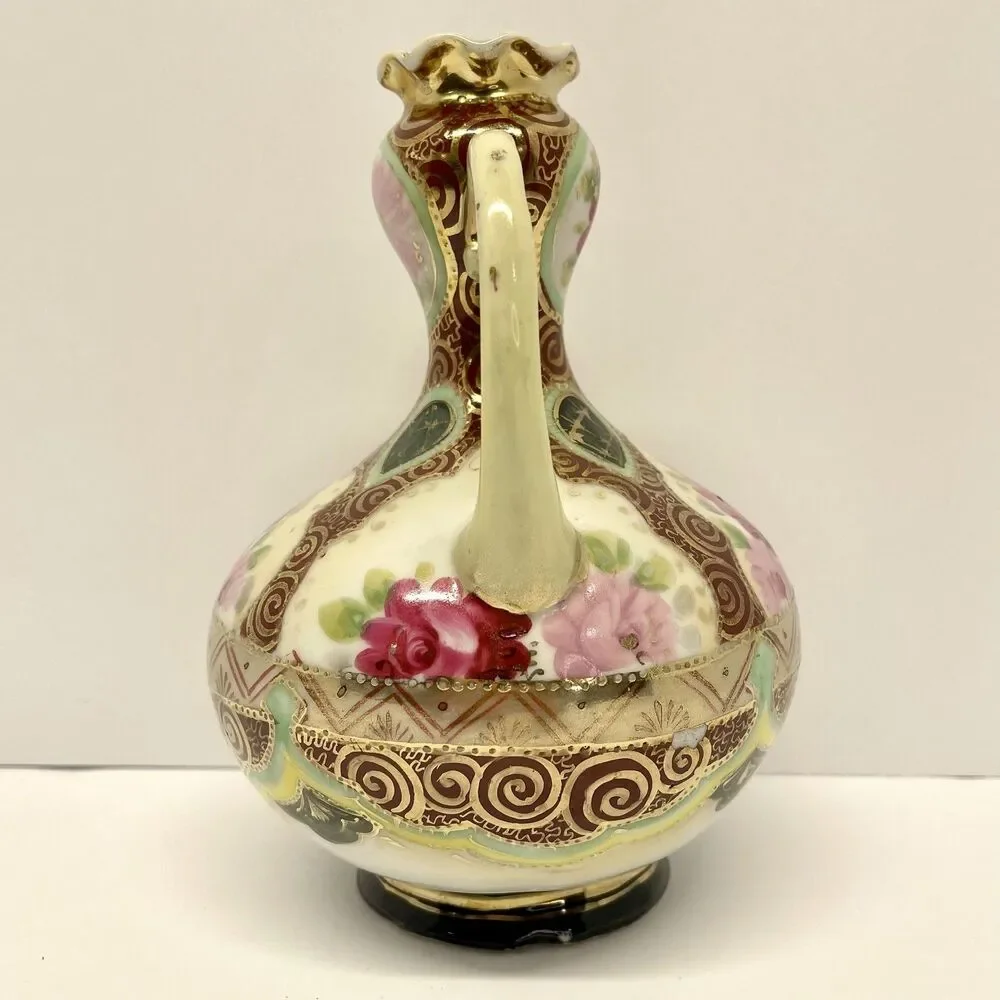 VTG Nagoya Japan Moriage Vase 7.5in Hand Painted Pink Roses Gold Double Handle